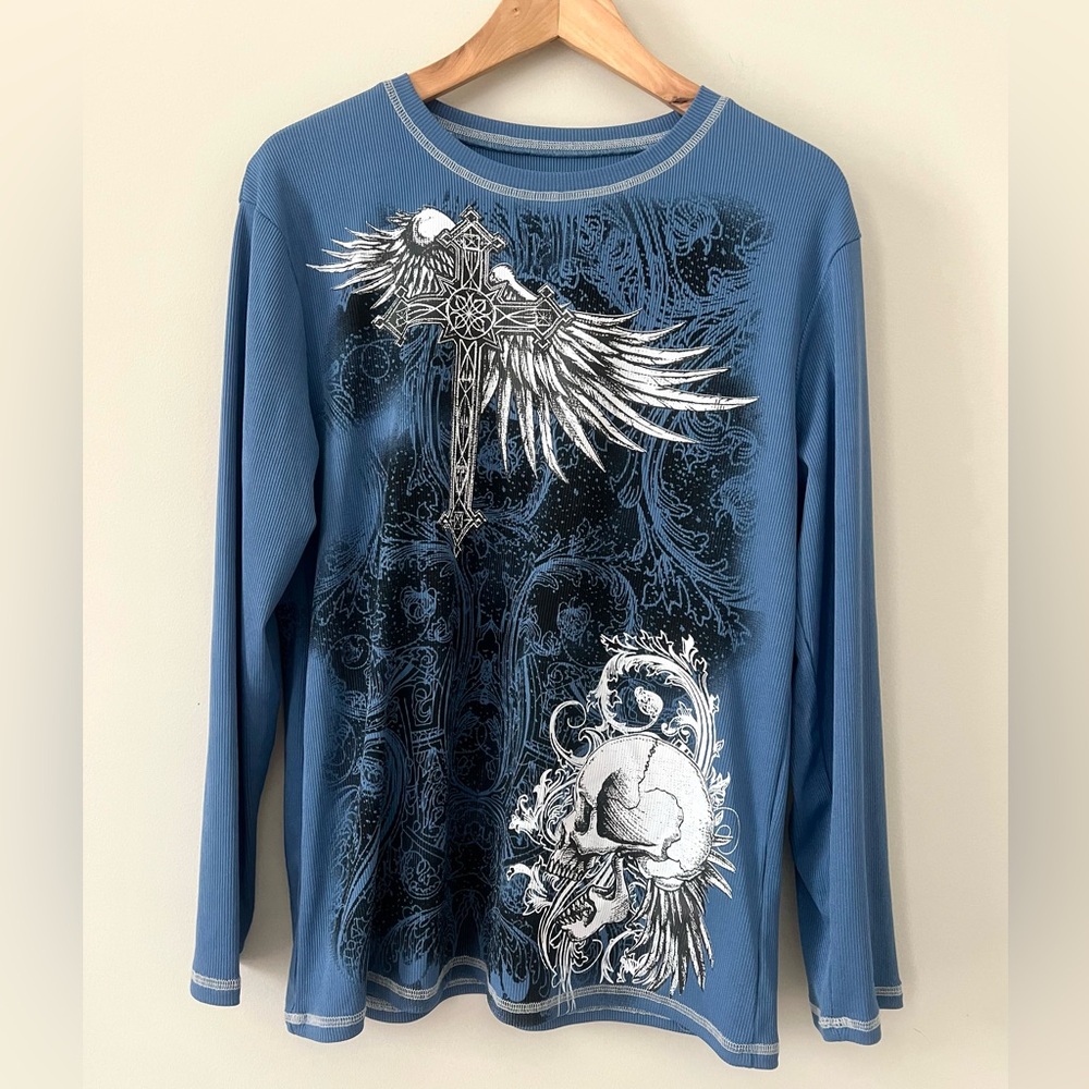 Waffle Knit Women’s Long Sleeve Shirt Blue Gothic Style Skull Print Top Size L
